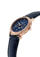 Frederique Constant Uhren Mondanzeige Wochentagsanzeige Datumsanzeige Rose Gehäuse Blau Armband und Zifferblatt Oberturm Uhren in Aarau