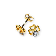 OZI8006 - Boucles d'oreilles clous trèfle porte-bonheur en or jaune 375 avec 6 zircones blanches