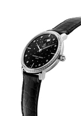 Frederique Constant Schwarz Leder Silber Gehäuse Schwarz Zifferblatt Automatik Uhren