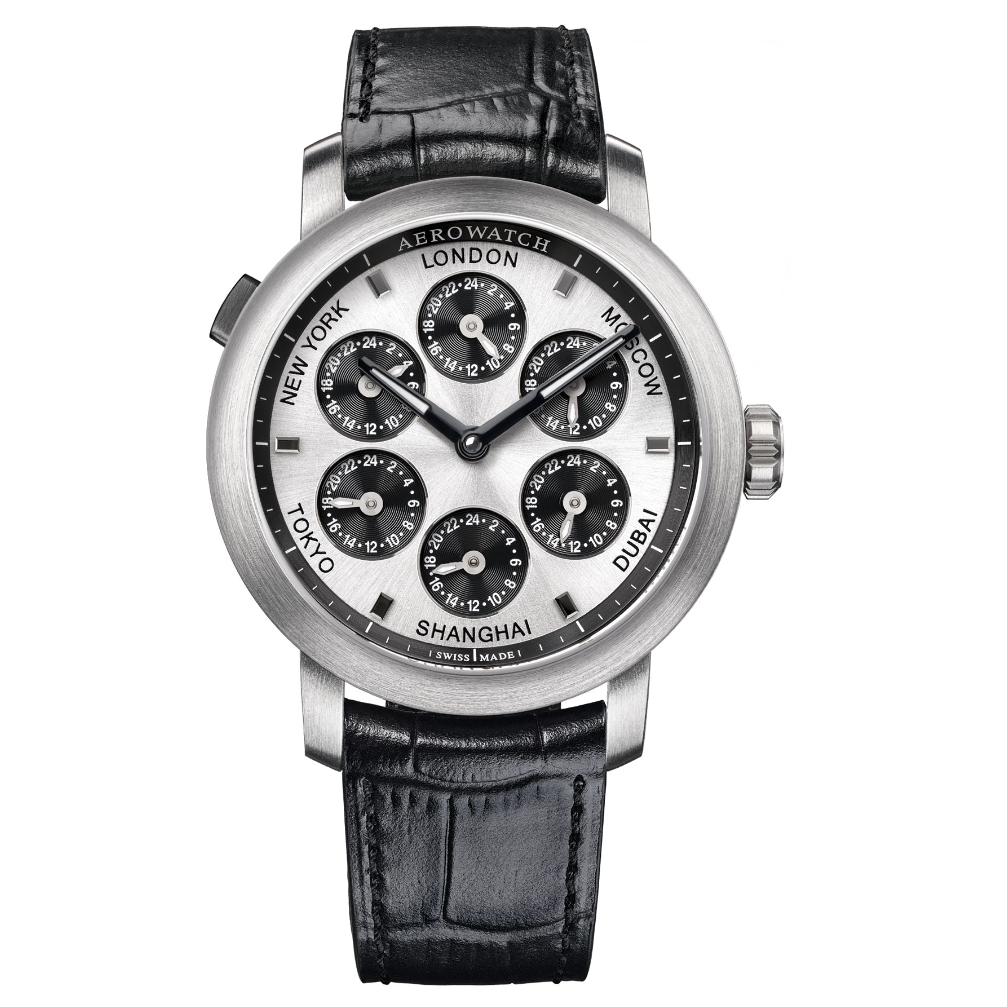 Aerowatch Renaissance 7 Time Zones Leder Silber Herrenuhr