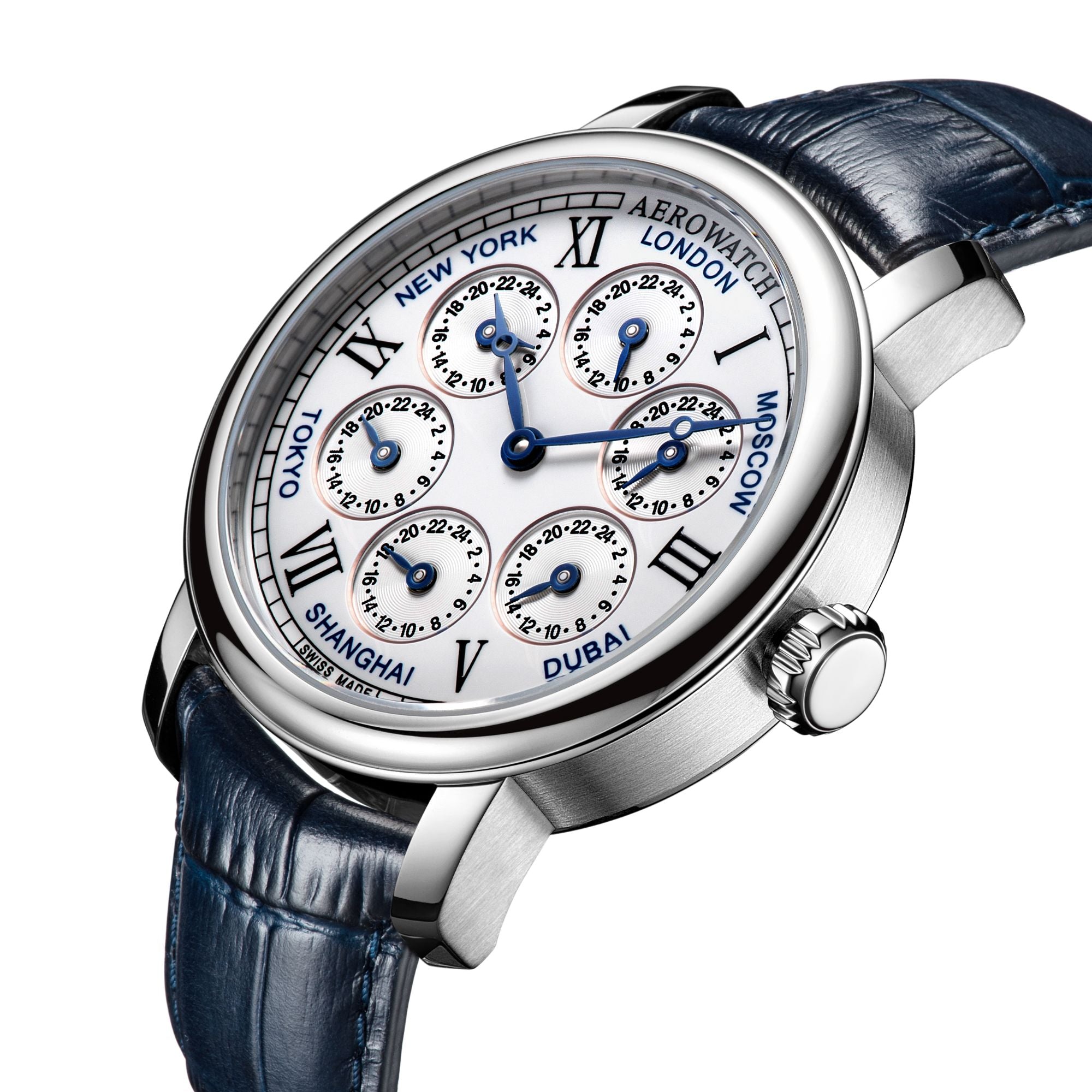 Renaissance 7 Time Zones Leder Blau Aerowatch Classics Silber Gehause Weiss Zifferblatt Silber