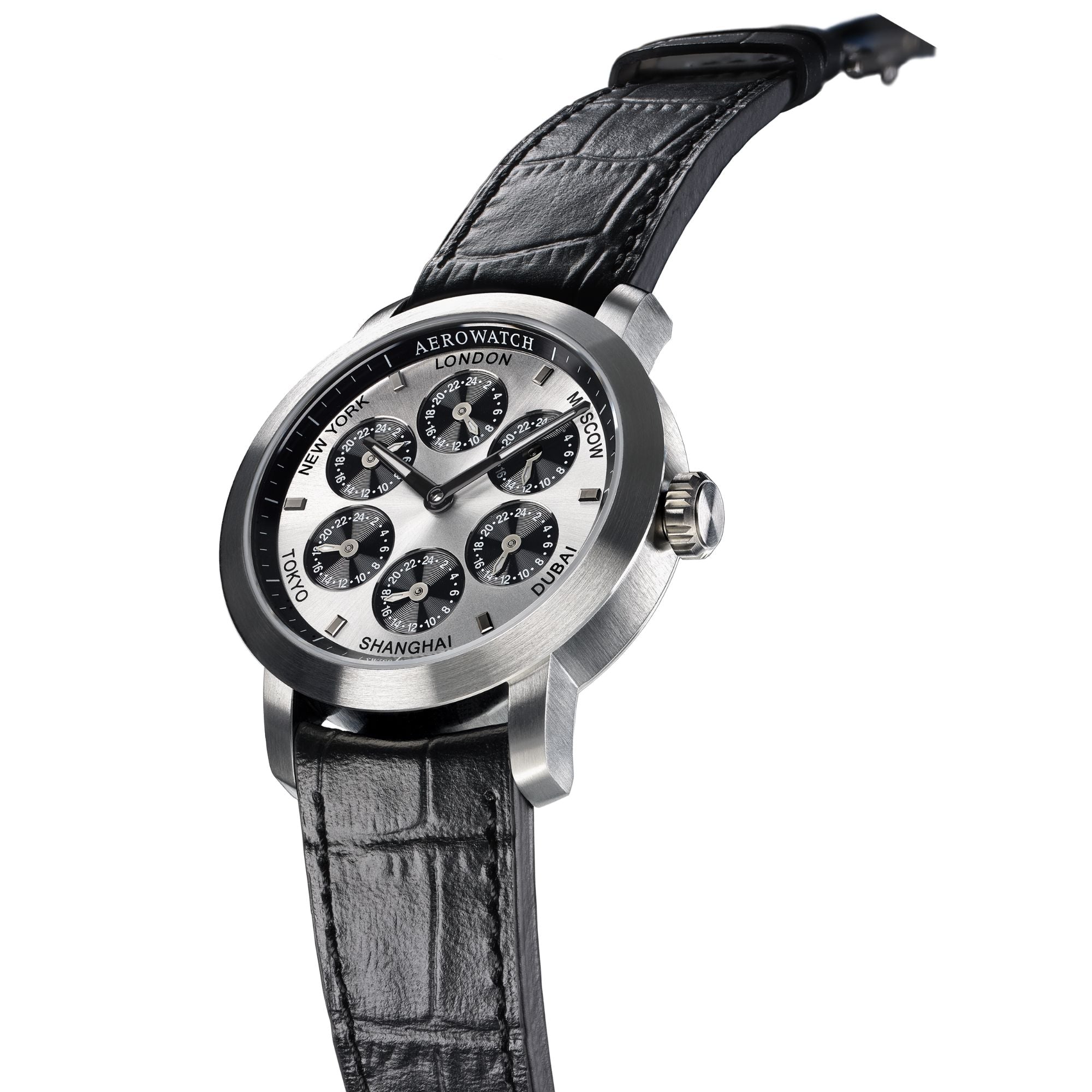 Renaissance 7 Time Zones Leder schwarz Aerowatch Classics Silber Gehause Silber Zifferblatt Schwarz