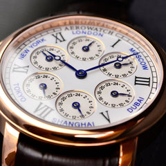 Renaissance 7 Time Zones Leder Braun Aerowatch Classics Rose Gehause Silber Zifferblatt Rose