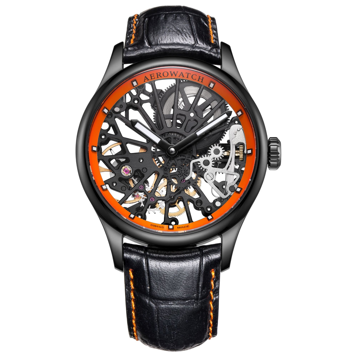 Aerowatch Renaissance Cobweb Skeleton Schwarz / Orange Herrenuhr