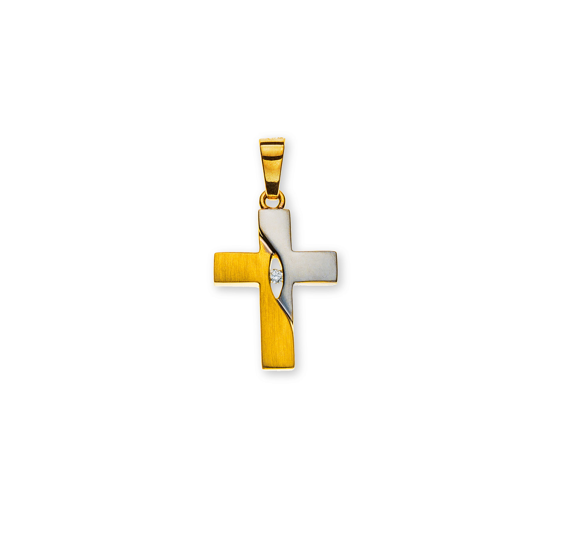 Kreuz Gelbgold 750 Teilrhodiniert und Gesandelt Diamantanhänger