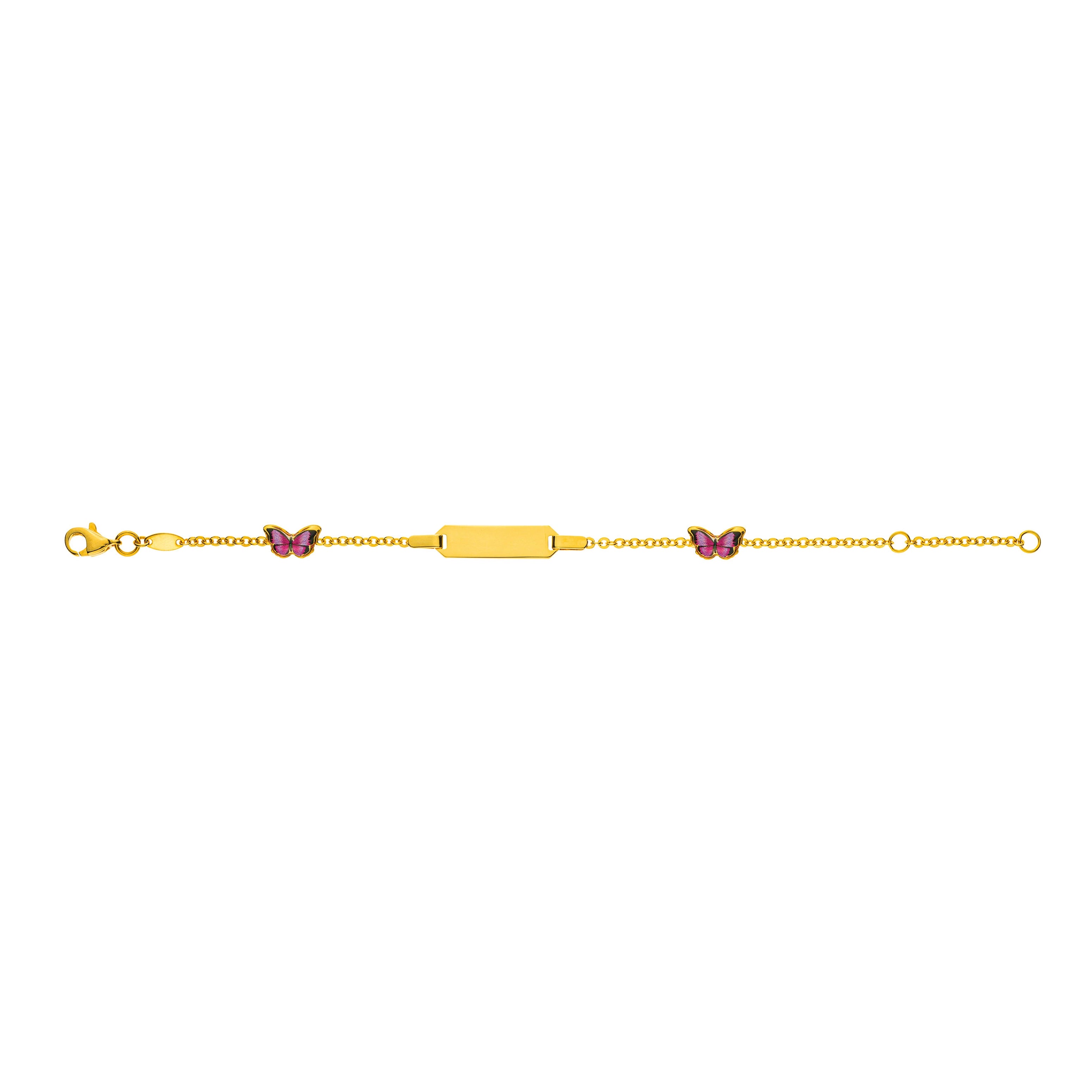 Bébé Bracelet Speigelanker mit 2 Schmetterlingen Gelbgold 375 mit Gravurplatte Rechteckig Kurz