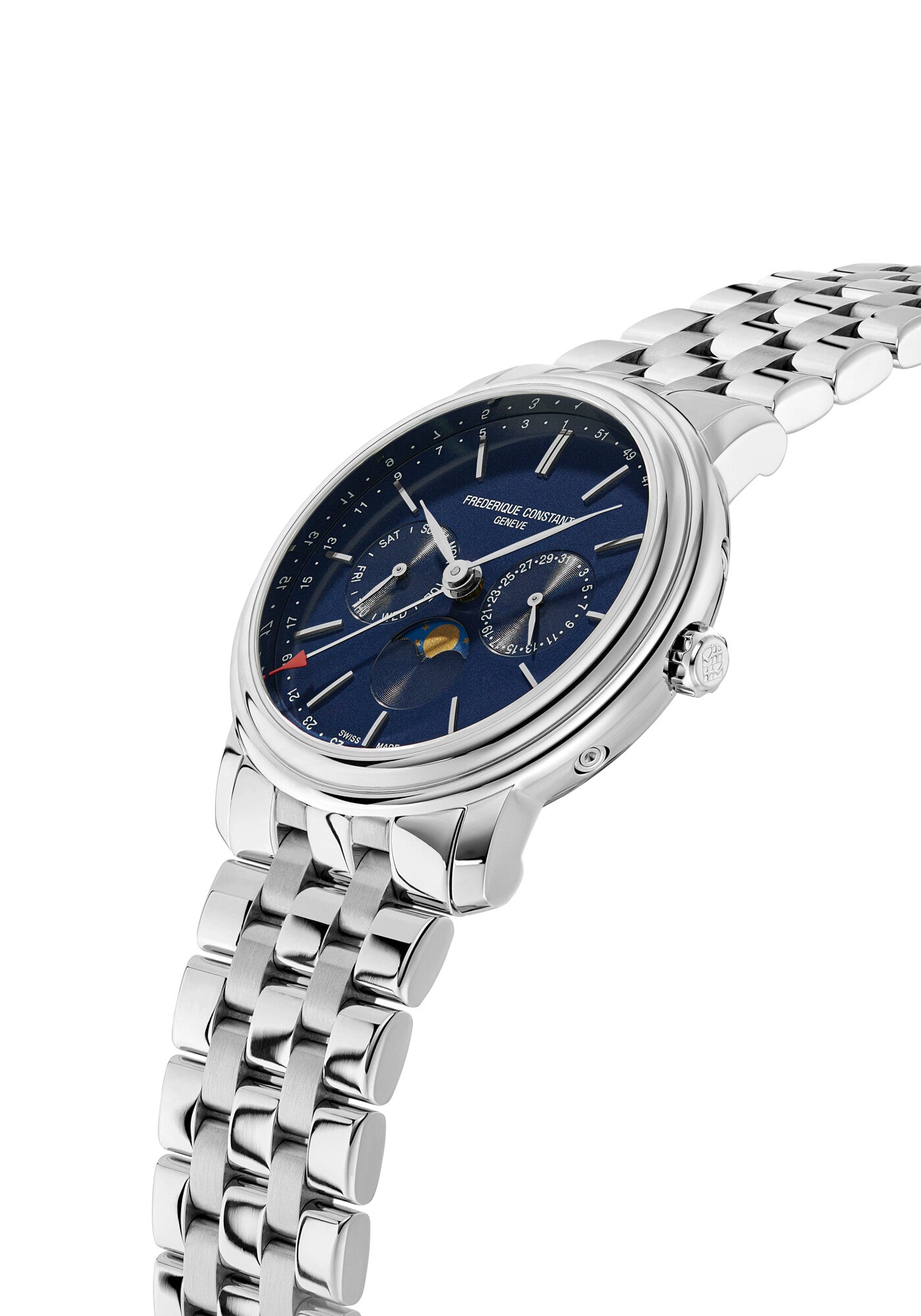Frederique Constant Uhren Mondanzeige Wochentagsanzeige Datumsanzeige Silber Gehäuse Silber Armband Blau Zifferblatt Oberturm Uhren in Aarau