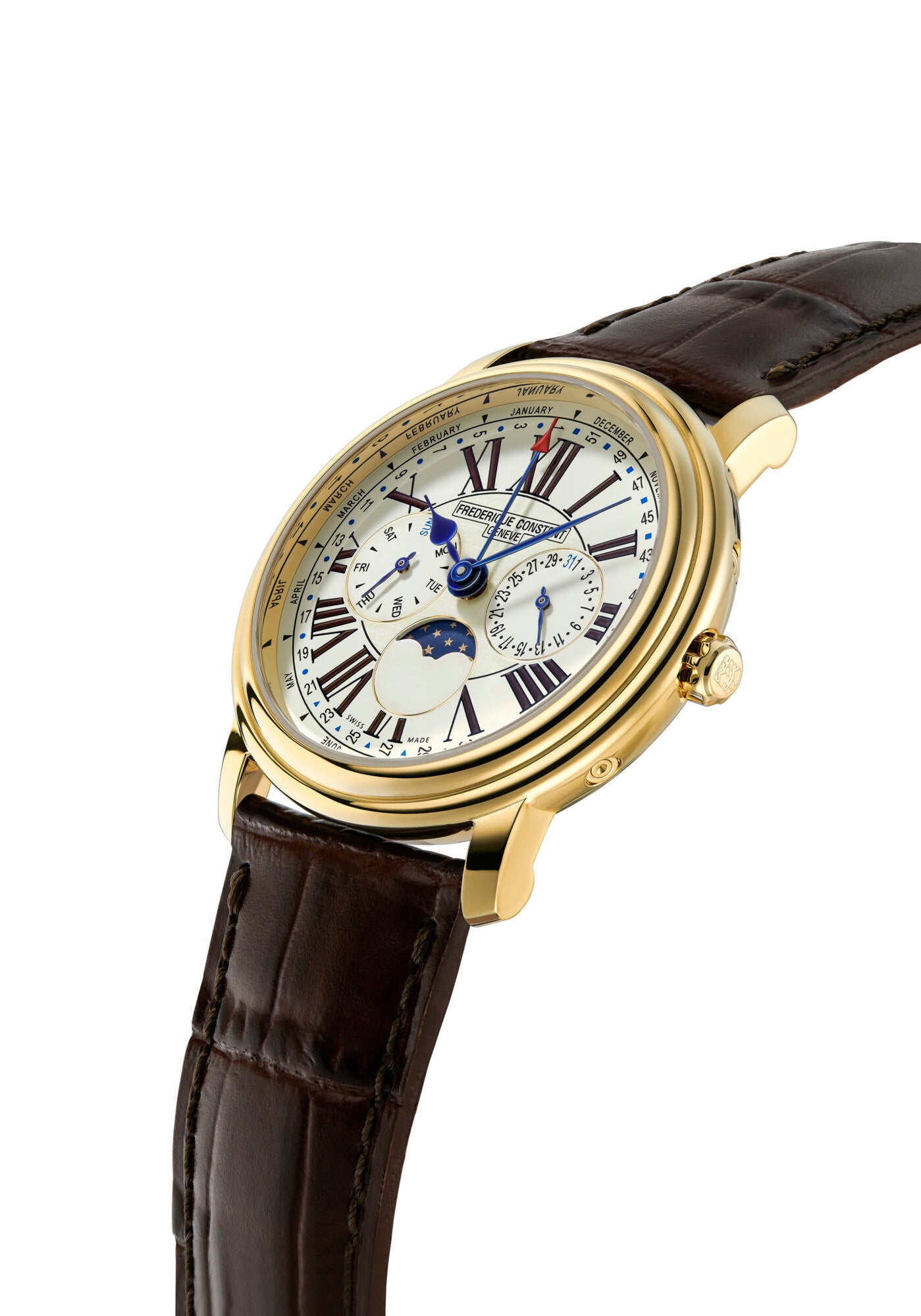 Frederique Constant Gold Gehäuse Weiss Zifferblatt Braun Armband Classics Herrenuhr Quarz