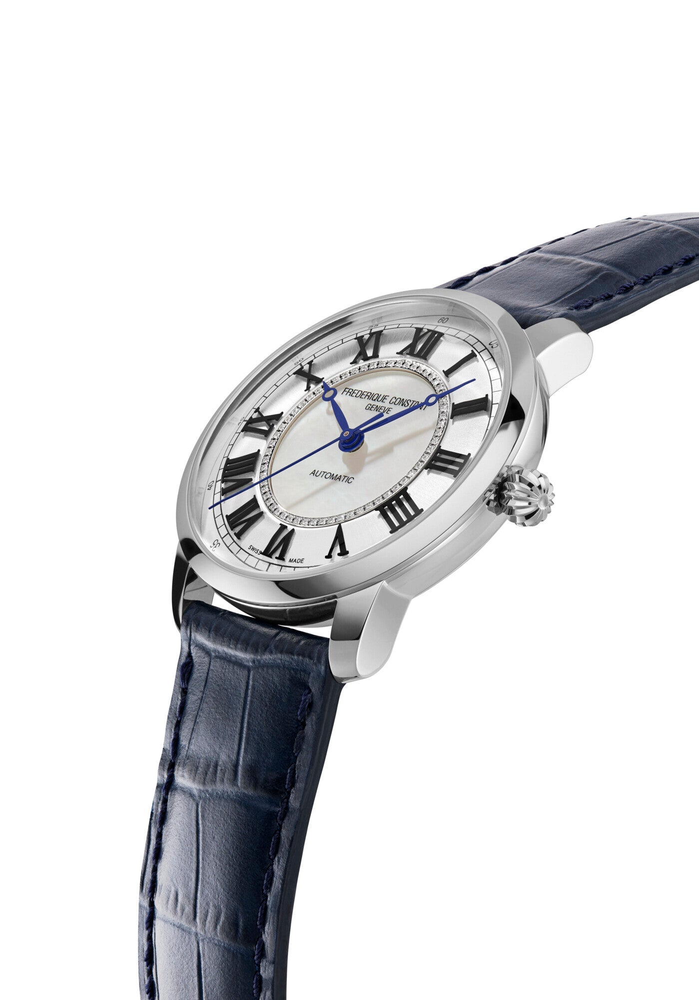 Frederique Constant Automatik Uhren Silber Gehäuse Blau Armband Silber Zifferblatt 60 Diamanten Limited Edition Oberturm Uhren in Aarau