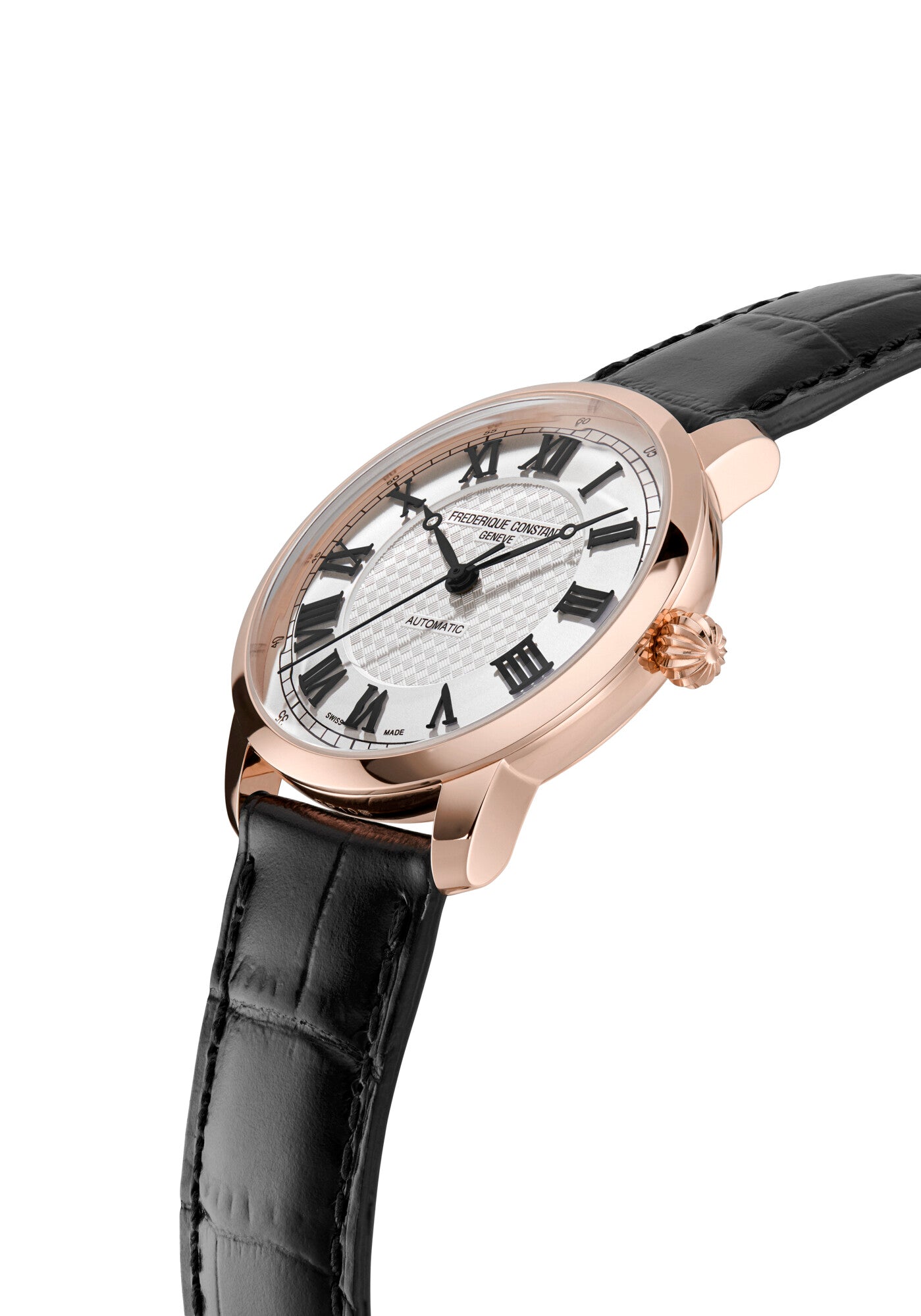 Frederique Constant Automatik Uhren Rose Gehäuse Schwarz Armband Silber Zifferblatt Oberturm Uhren in Aarau