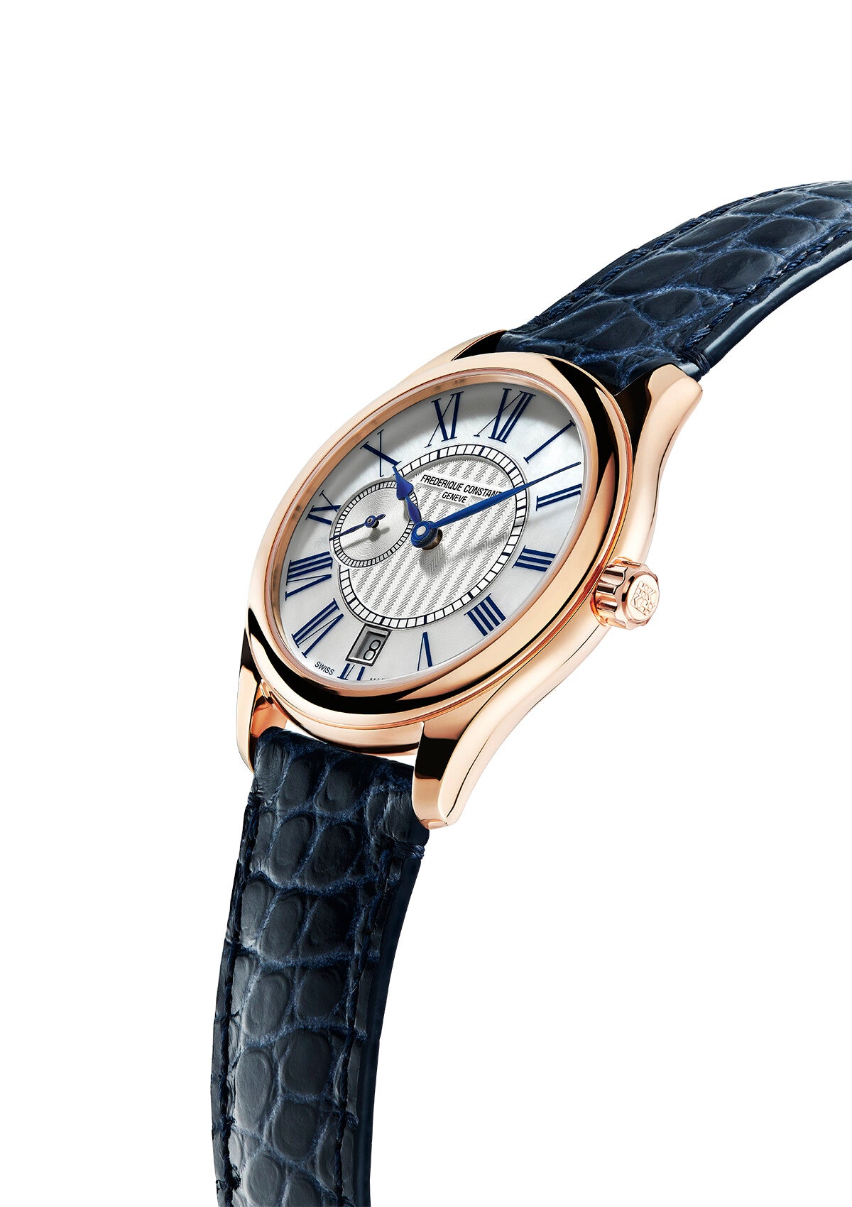 Frederique Constant Blau Leder Armband Rose Gehäuse Perlmutt Zifferblatt Automatik Uhr