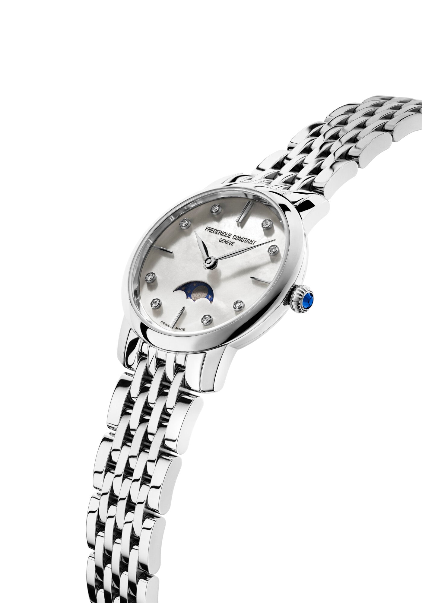 Frederique Constant Silber Edelstahl Silber Gehäuse Weiss Zifferblatt mit Diamanten Quarz Uhr