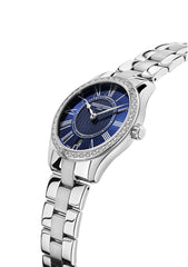 Frederique Constant Silbrig Edelstahl Armband Silber Gehäuse mit Diamanten Blau Zifferblatt Quarz Uhr