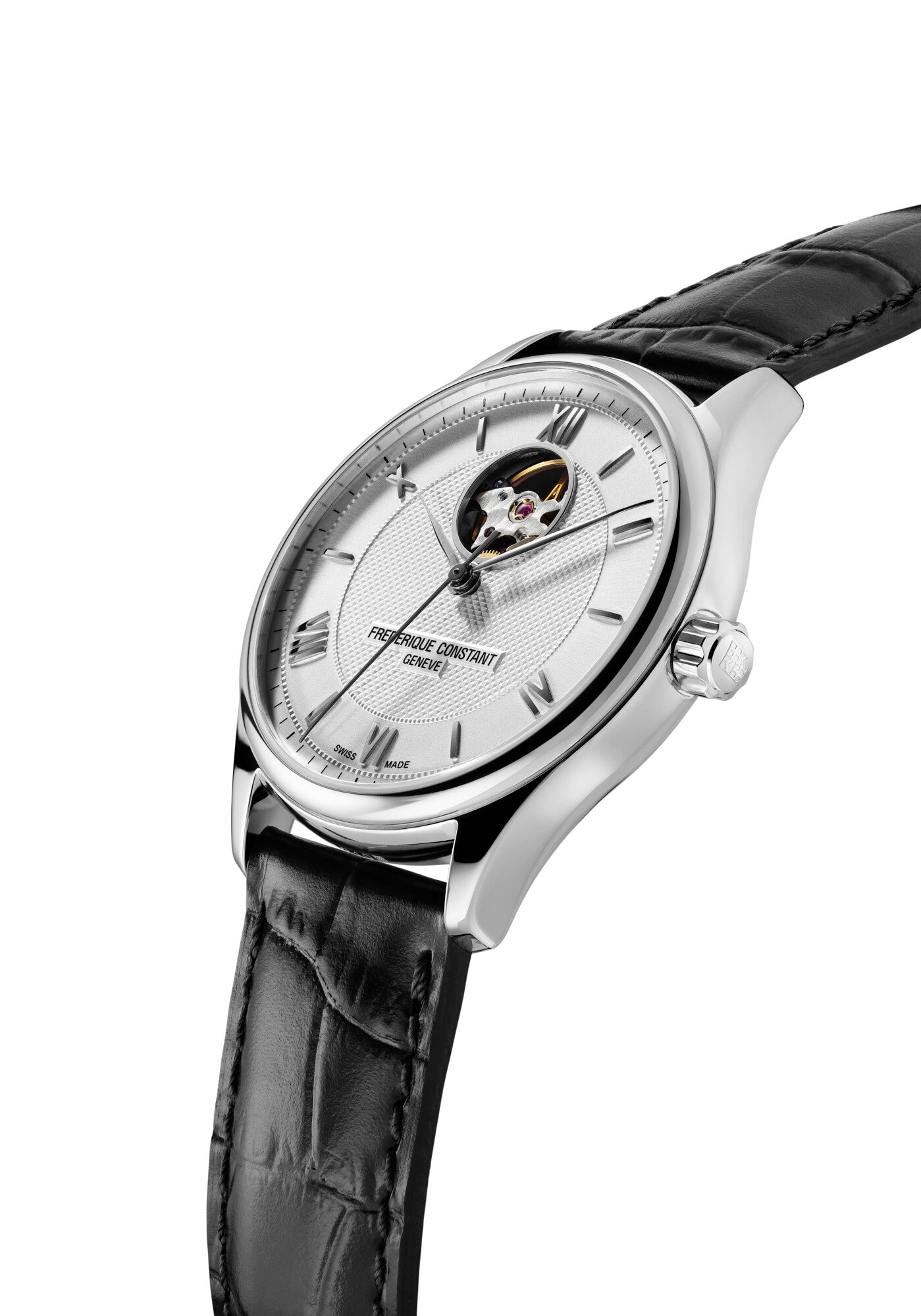 Frederique Constant Schwarz Armband Leder Silber Gehäuse Silbrig Zifferblatt Automatik Classics Uhr